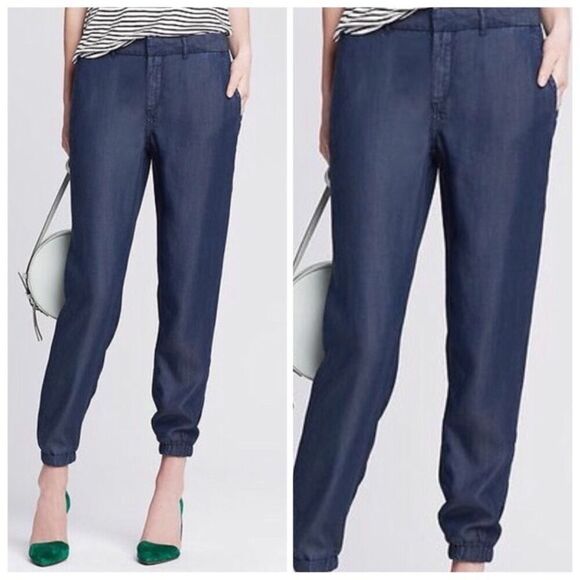 NEW Banana Republic Chambray Soft Denim Jogger Dress Pants Pockets Size 14 Long - Picture 1 of 8